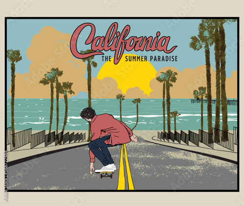 boy skating on beach street vector, california palm beach street vector illustration, palm beach retro vintage print design, summer beach print