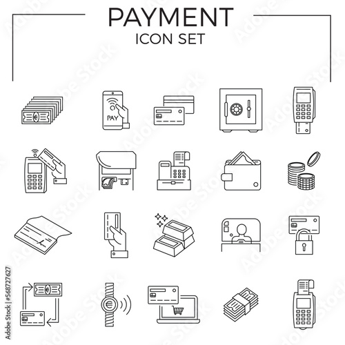Payment icon set of money and payment methods thin line icons. Contains icons as pay online, bank check, mobile wallet, mobile payment, credit card and more.