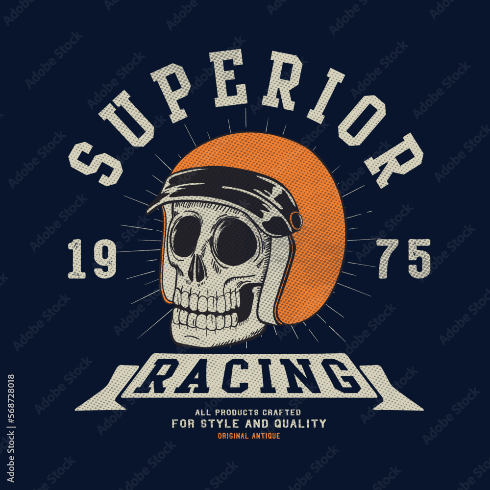 vintage race rider skull illustration, hotrods car,old school car driver print