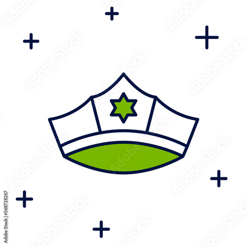 Filled outline Police cap with cockade icon isolated on white background. Police hat sign. Vector