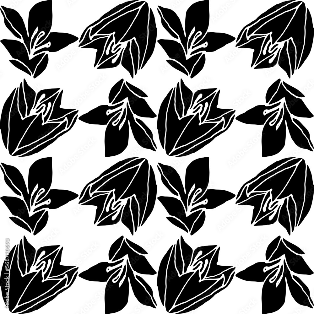 Fototapeta premium Abstract flower elements vector seamless pattern. Simple repeat in black on white background.