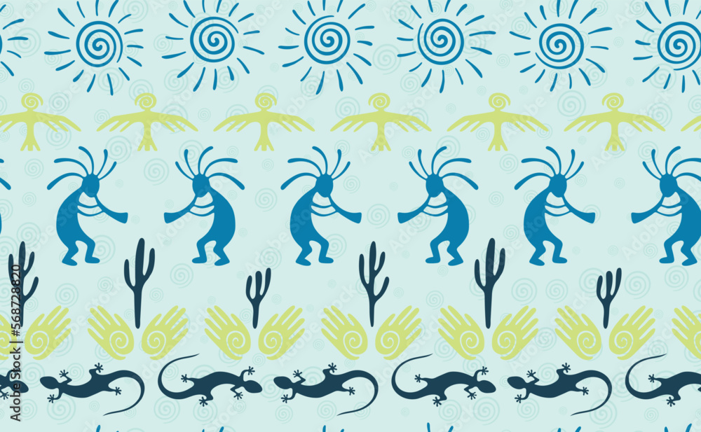 Fototapeta premium Kokopelli with flute, pangolin, hawk, sun symbol, hands and plant tribal vector seamless pattern.