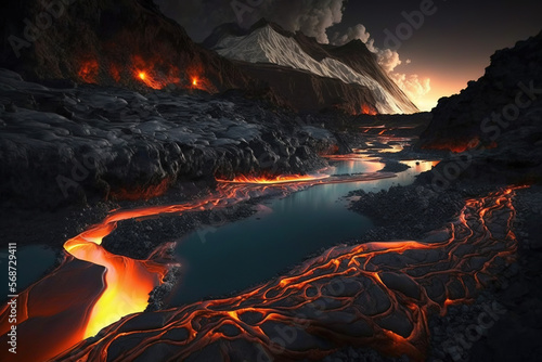 lava flowing in mountains.Generative Ai