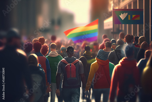 crowd of people with pride flags on the streets of the city. AI