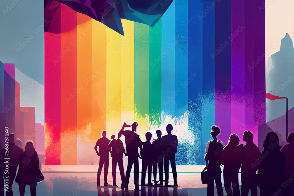 silhouette of people on the background of the rainbow city. Pride concept, AI