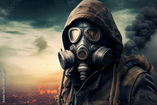 Man in gas mask against the background of a burning city. Global catastrophe. AI generative