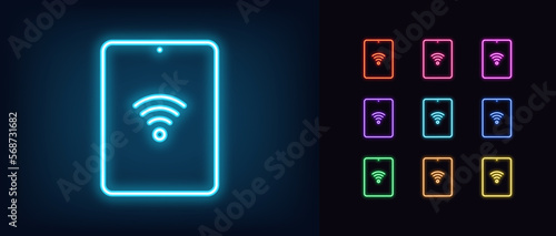 Outline neon tablet icon set. Glowing neon tablet screen frame with wifi sign, mobile internet pictogram. Portable pad with wireless internet connection, wifi hotspot.