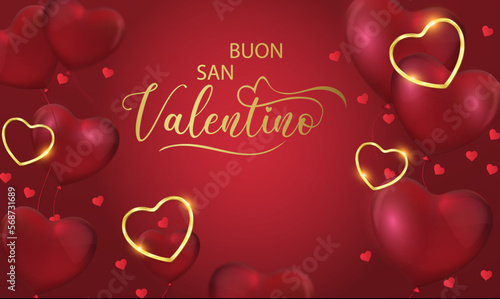 biglietto o striscione per augurare un felice san valentino in oro su uno sfondo rosso sfumato con palloncini a forma di cuori rossi cuori d'oro e di colore rosso