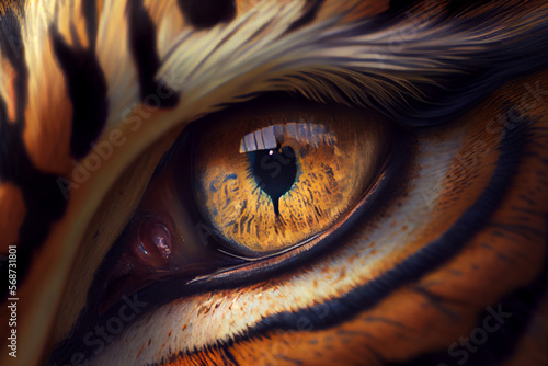 Eye of tiger close-up. Macro view. 3D rendering. AI generative