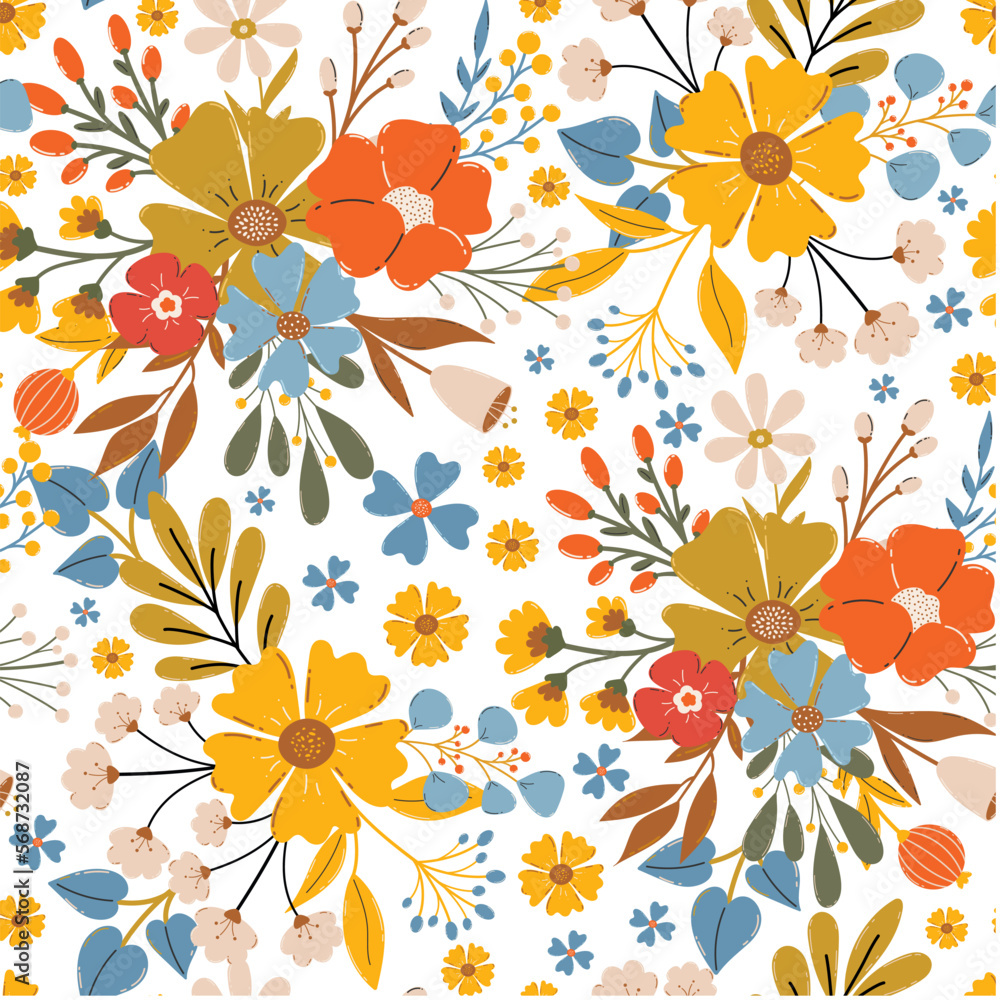 Floral seamless pattern. Blooming meadow background. Creative floral design. Vector pattern for various surface. Blossom floral seamless print.