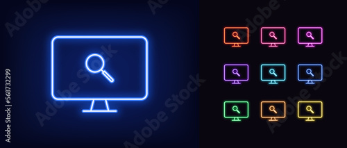 Outline neon pc monitor icon set. Glowing neon monitor screen frame with magnifier sign, internet search pictogram. Find data and information, web search technology, exploration.