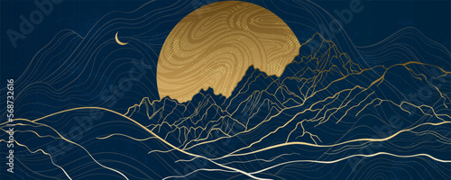 Big Moon and Mountains in cosmic , a linear layout for the background. Futuristic landscape in the colors of gold lines and blue. Luxory art is suitable for print on the wall, invitation.