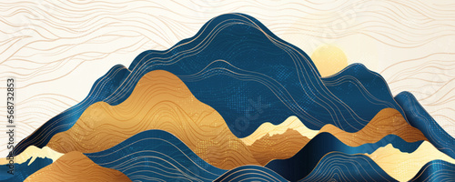 Sunrise in the mountains, abstract horizontal background design. Natural hills of gold and blue, in the collage technique. Prestigious art is suitable for print on the wall, invitation,mural.