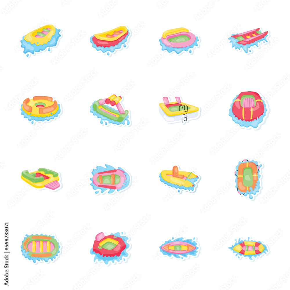 Set of Rafting Boats Flat Stickers 

