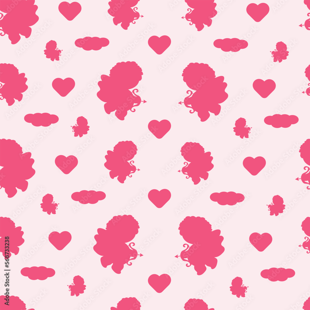 Seamless cute pattern with cupids and angels on a pink background. Valentine card with bow and arrows. Vector cartoon for children's clothing, packaging, postcards. Valentine's day, wedding. Silhouett Seamless cute pattern with cupids and angels on a pink background. Valentine card with bow and arrows. Vector cartoon for children's clothing, packaging, postcards. Valentine's day, wedding. Silhouett