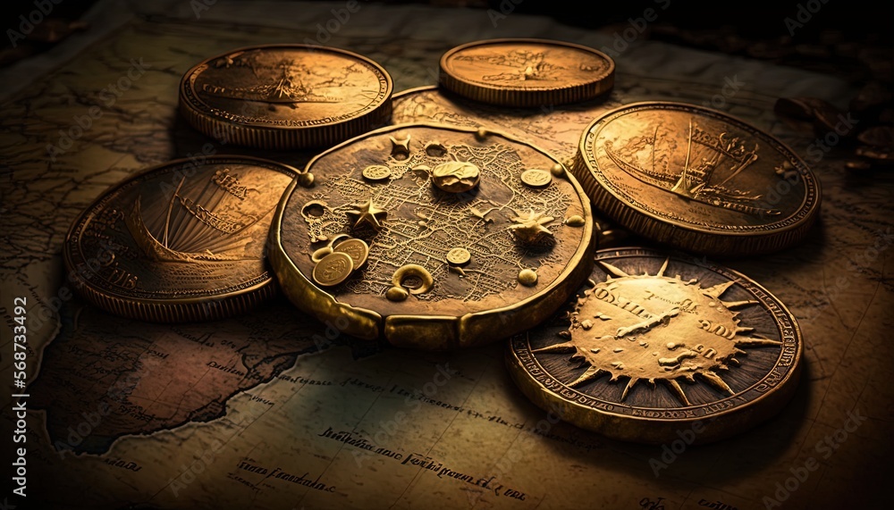 treasure map with gold coin and ancient puzzle, Generative Ai Stock ...