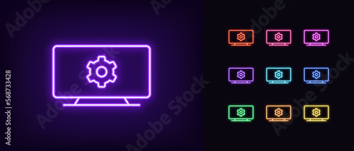 Outline neon television icon set. Glowing neon TV screen frame with gear sign, television settings pictogram. Broadcast video setting control, display adjustment, tv channel configuration.