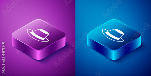 Isometric Oktoberfest hat icon isolated on blue and purple background. Hunter hat with feather. German hat. Square button. Vector