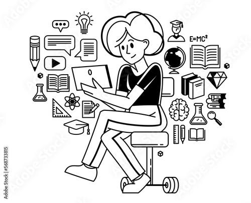 Online education in university or collage, student is doing homework or preparing for remote exam, vector outline illustration, distance study sciences and graduate.