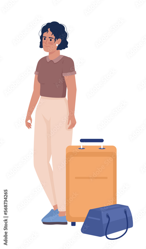 Tanned female adventurer with bag and baggage semi flat color vector character. Editable figure. Full body person on white. Simple cartoon style illustration for web graphic design and animation Tanned female adventurer with bag and baggage semi flat color vector character. Editable figure. Full body person on white. Simple cartoon style illustration for web graphic design and animation