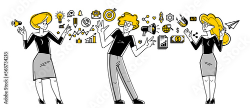 Marketing theme vector outline illustration, marketers team analyzing and creating plan and strategy, advertising business teamwork concept, reach a goal success.