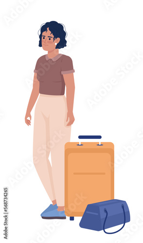Tanned female adventurer with bag and baggage semi flat color vector character. Editable figure. Full body person on white. Simple cartoon style illustration for web graphic design and animation