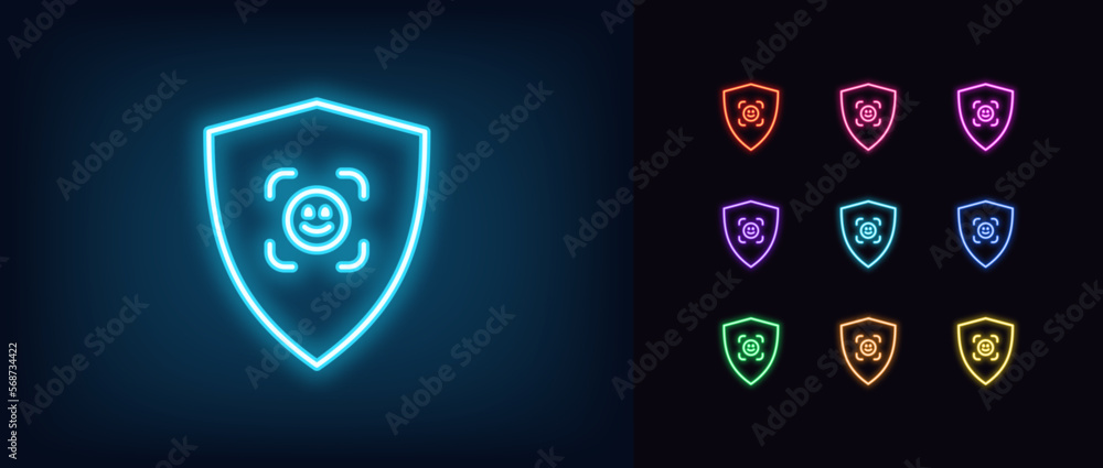 Outline neon shield security icon set. Glowing neon shield frame with Face ID sign, facial scanner. Cyber security, secure check, face recognition and safe personal identify. Outline neon shield security icon set. Glowing neon shield frame with Face ID sign, facial scanner. Cyber security, secure check, face recognition and safe personal identify.