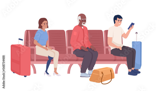 Passengers spending time in airport lounge semi flat color vector characters. Editable figures. Full body people on white. Simple cartoon style illustration for web graphic design and animation