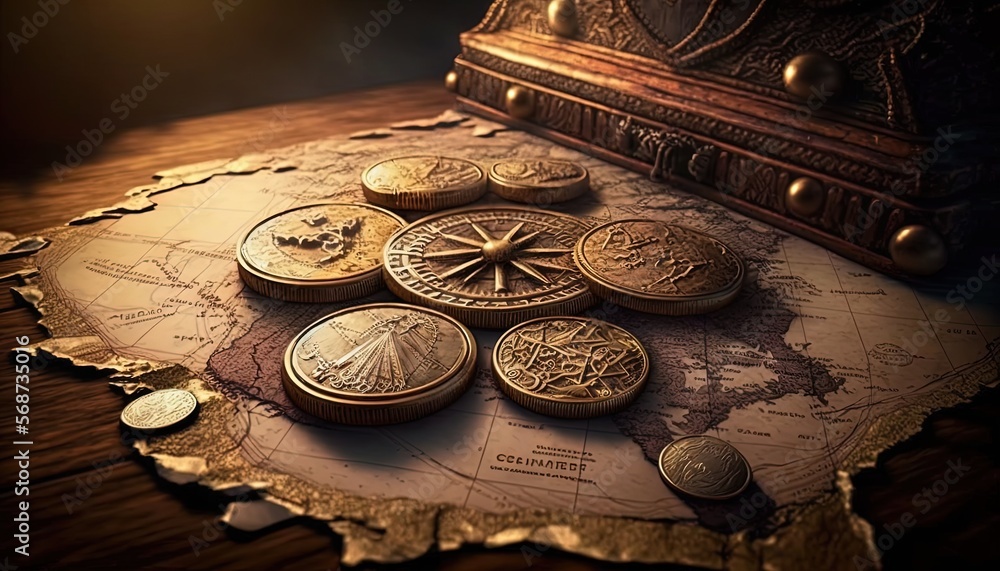 treasure map with gold coin and ancient puzzle, Generative Ai Stock ...