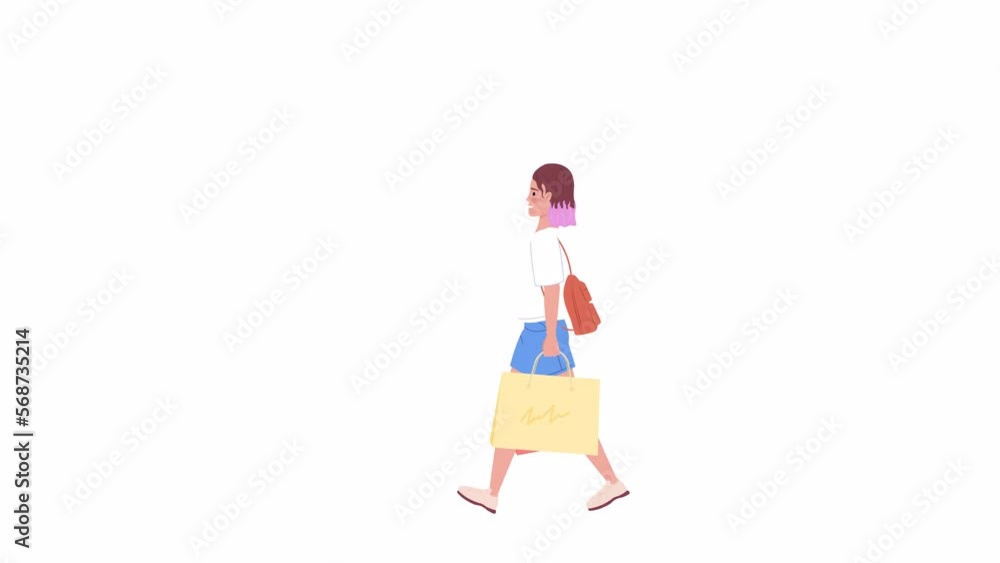 Animated girl strolling with bags. Shopping experience. Full body flat person on white background with alpha channel transparency. Color cartoon style 4K video footage of character for animation Animated girl strolling with bags. Shopping experience. Full body flat person on white background with alpha channel transparency. Color cartoon style 4K video footage of character for animation