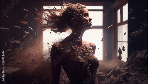 Woman body disintegrates into dust. Concept of transformation, reincarnation, death, loneliness. Generative AI photo