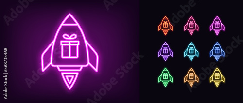 Outline neon surprise rocket icon set. Glowing neon space ship frame with gift box sign, fast give away pictogram. Space rocket with prize, launch present giveaway, bonus gift offer.