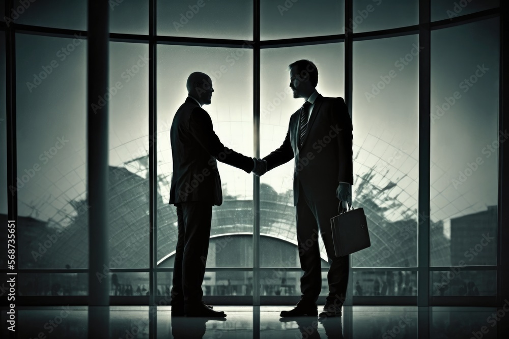 Two business men handshake in front of large office glass panes dark illustration. Generative AI Two business men handshake in front of large office glass panes dark illustration. Generative AI