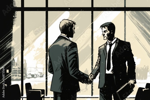 Two business men handshake in front of large office glass panes illustration. Generative AI