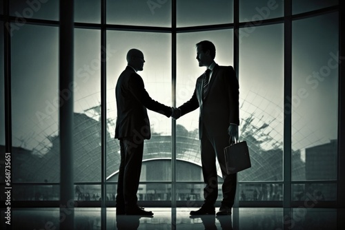 Two business men handshake in front of large office glass panes dark illustration. Generative AI