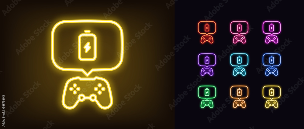 Outline neon game controller icon set. Glowing neon gamepad and bubble ...