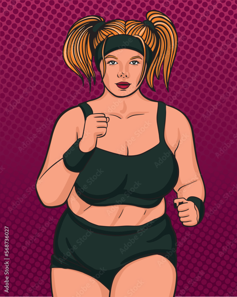 Vector illustration running bodypositive girl with red hair. A fat woman goes in for sports. Pop art style. Vector illustration running bodypositive girl with red hair. A fat woman goes in for sports. Pop art style.