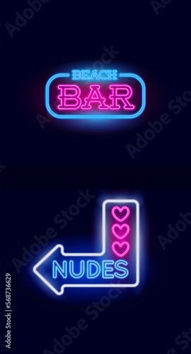Nudes with Love Hearts and Bar Neon light sign set. Vector illustration.