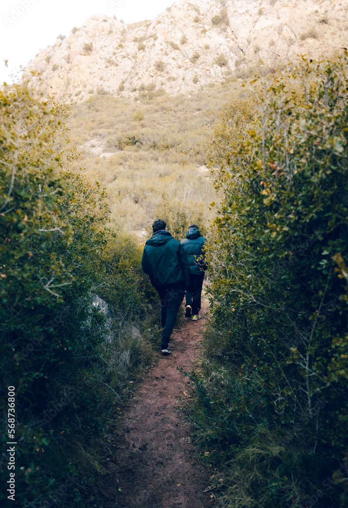 two young adventurers walking through a lush green forest, very warm and having fun two young adventurers walking through a lush green forest, very warm and having fun