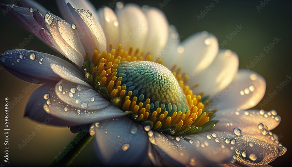 Close-up of a wet flower, dew covers the flower. Generative AI. Close-up of a wet flower, dew covers the flower. Generative AI.