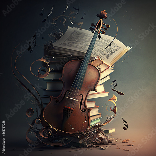 classic retro violin a music string instrument with books of music note sheet paper. Classical musical concept, AI Generated