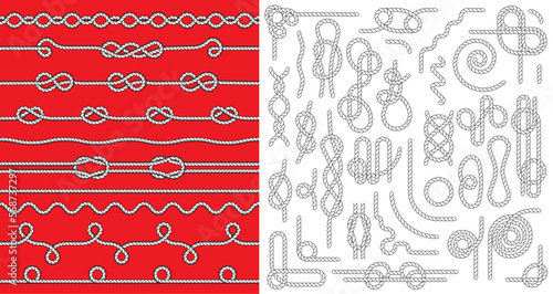 Set of Rope and knots with Red Background. Decorative elements. Vector illustration collection.