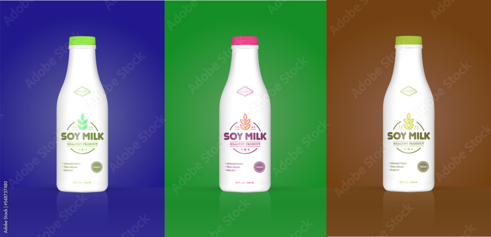 Set of Soy Milk Bottle with Colorful Background. Healthy Organic Product Made of Soy Beans. Vector Illustration. Advertising Template. Print. Set of Soy Milk Bottle with Colorful Background. Healthy Organic Product Made of Soy Beans. Vector Illustration. Advertising Template. Print.