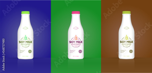 Set of Soy Milk Bottle with Colorful Background. Healthy Organic Product Made of Soy Beans. Vector Illustration. Advertising Template. Print.