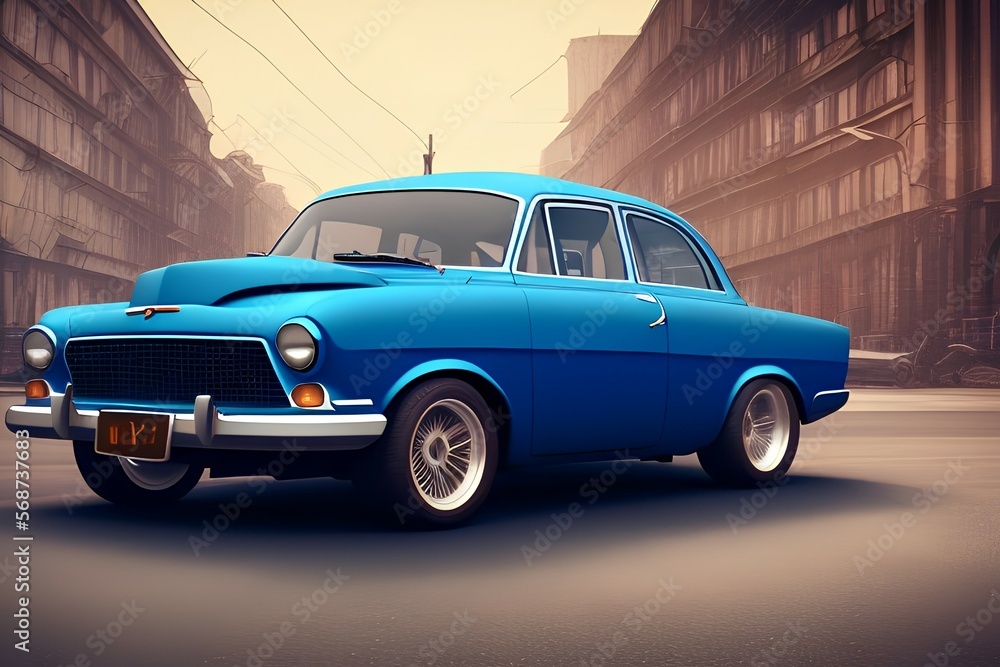 Front lights of a blue retro car. Old Soviet Union classic car - generative ai Front lights of a blue retro car. Old Soviet Union classic car - generative ai