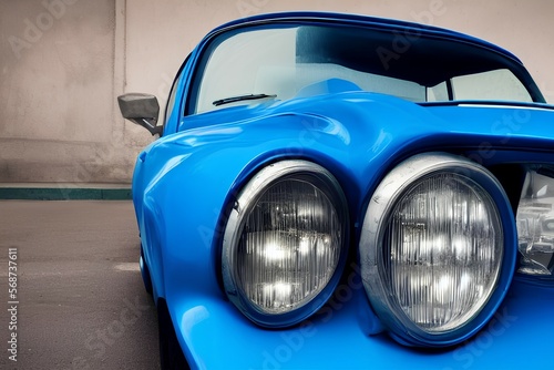 Front lights of a blue retro car. Old Soviet Union classic car - generative ai