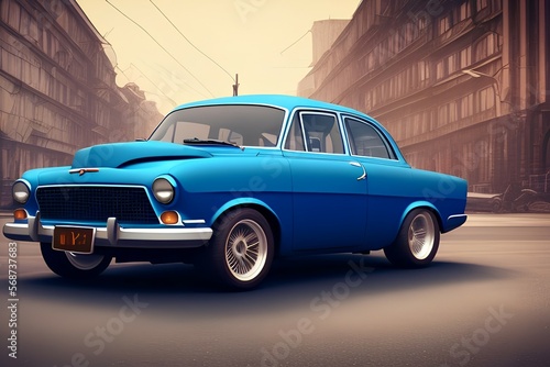 Front lights of a blue retro car. Old Soviet Union classic car - generative ai © unalcreative