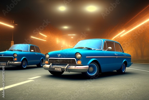 Front lights of a blue retro car. Old Soviet Union classic car - generative ai © unalcreative