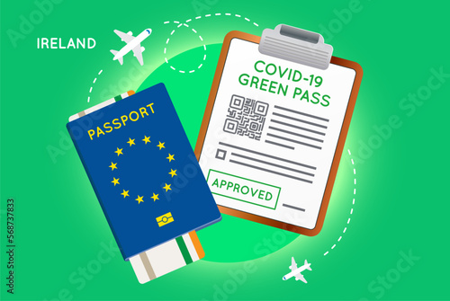 Covid-19 immunity passport with QR code. Vaccination or negative coronavirus test green valid certificate. European Passport with Flight Ticket and Approved Green Pass.