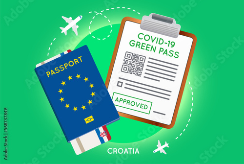 Covid-19 immunity passport with QR code. Vaccination or negative coronavirus test green valid certificate. European Passport with Flight Ticket and Approved Green Pass.